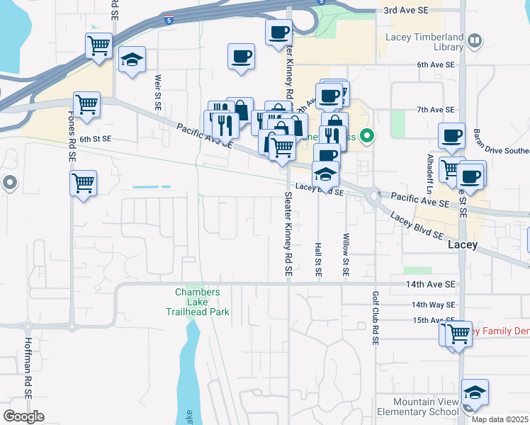 map of restaurants, bars, coffee shops, grocery stores, and more near 1211 Boone Street Southeast in Lacey