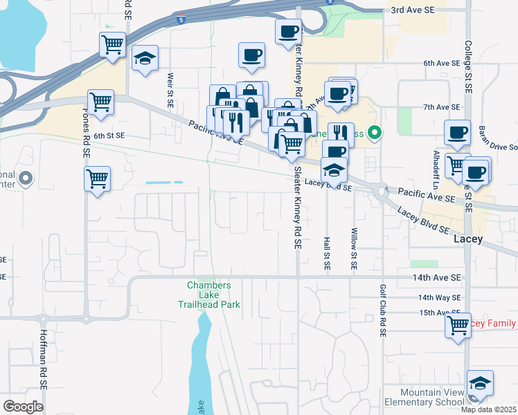 map of restaurants, bars, coffee shops, grocery stores, and more near 1214 Cora Street Southeast in Olympia
