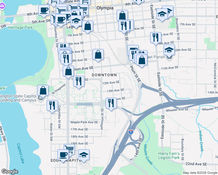 map of restaurants, bars, coffee shops, grocery stores, and more near 520 13th Avenue Southeast in Olympia