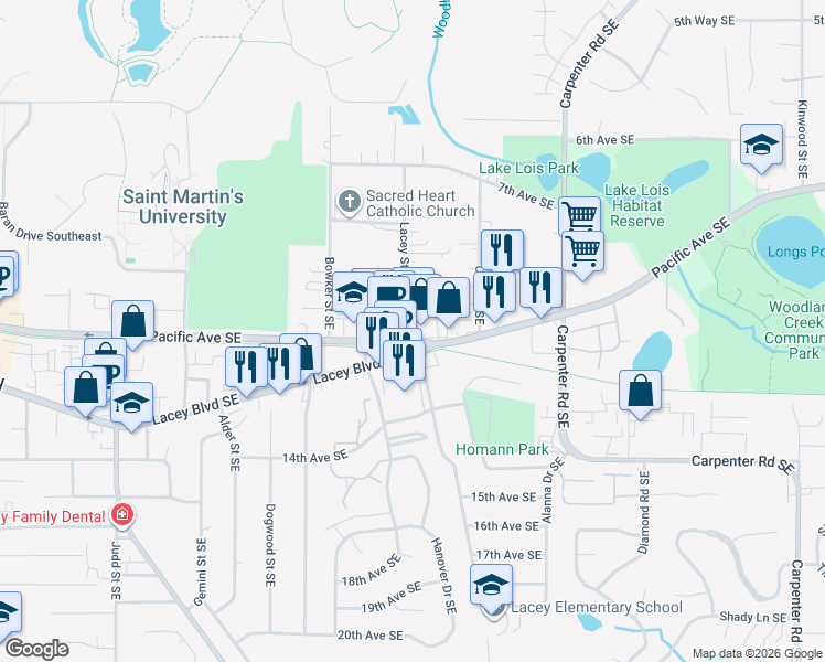map of restaurants, bars, coffee shops, grocery stores, and more near 5770 Pacific Avenue Southeast in Lacey