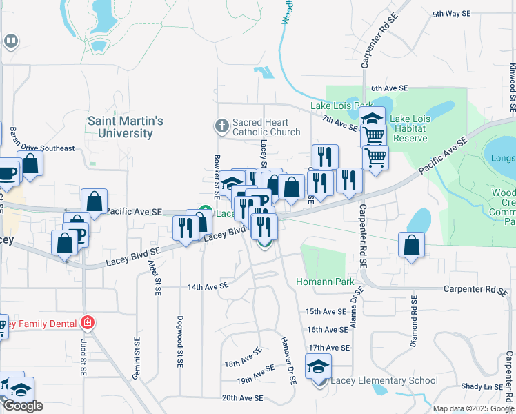 map of restaurants, bars, coffee shops, grocery stores, and more near 5770 Pacific Avenue Southeast in Lacey