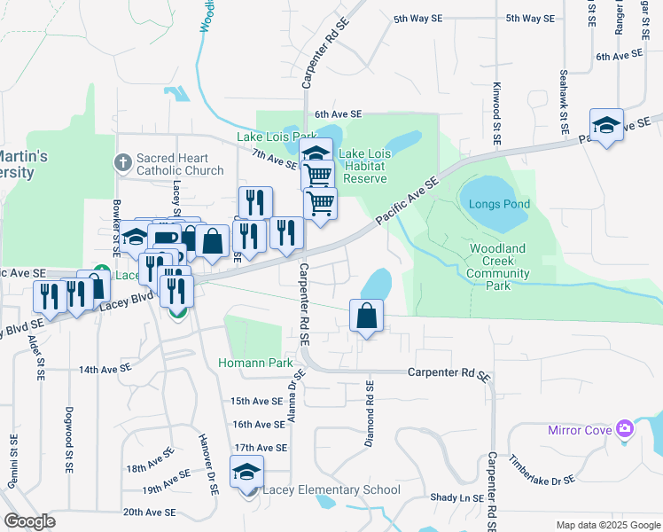 map of restaurants, bars, coffee shops, grocery stores, and more near 6205 Pacific Avenue Southeast in Lacey