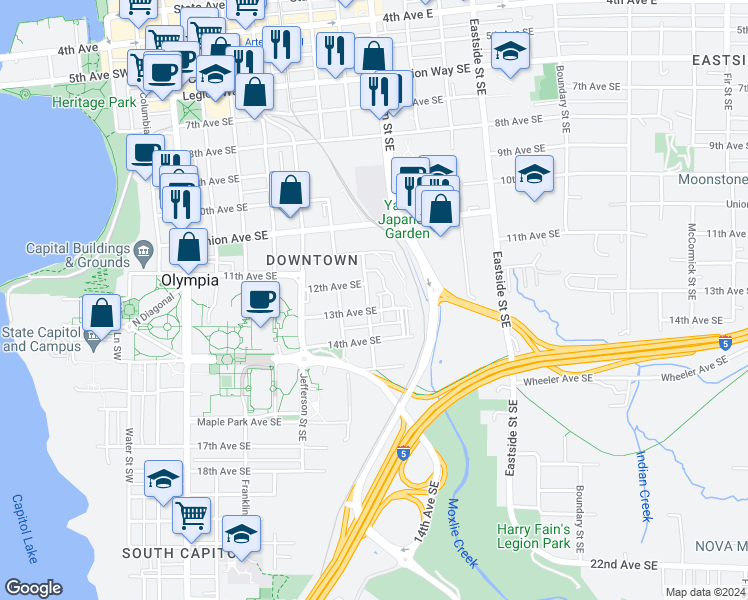 map of restaurants, bars, coffee shops, grocery stores, and more near 614 13th Avenue Southeast in Olympia