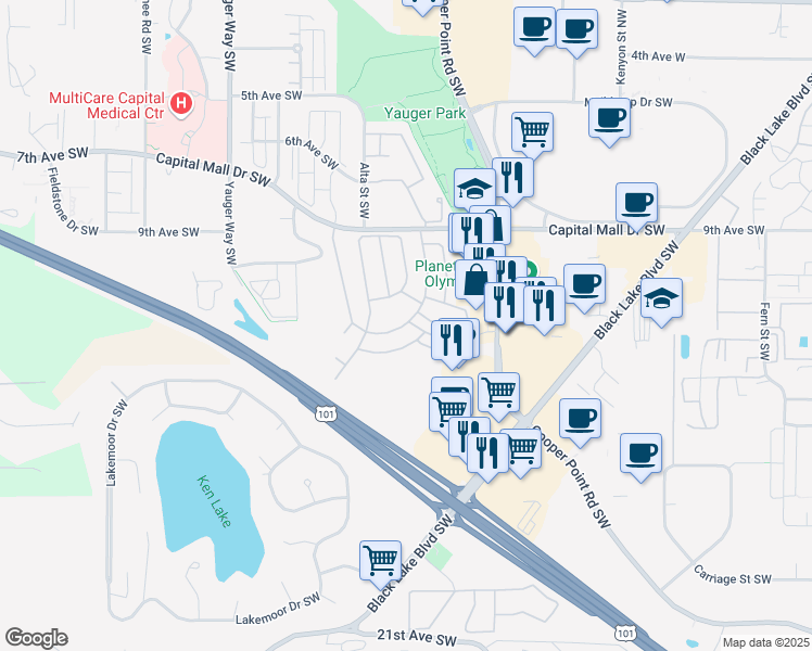 map of restaurants, bars, coffee shops, grocery stores, and more near 415 Eucalyptus Way Southwest in Olympia