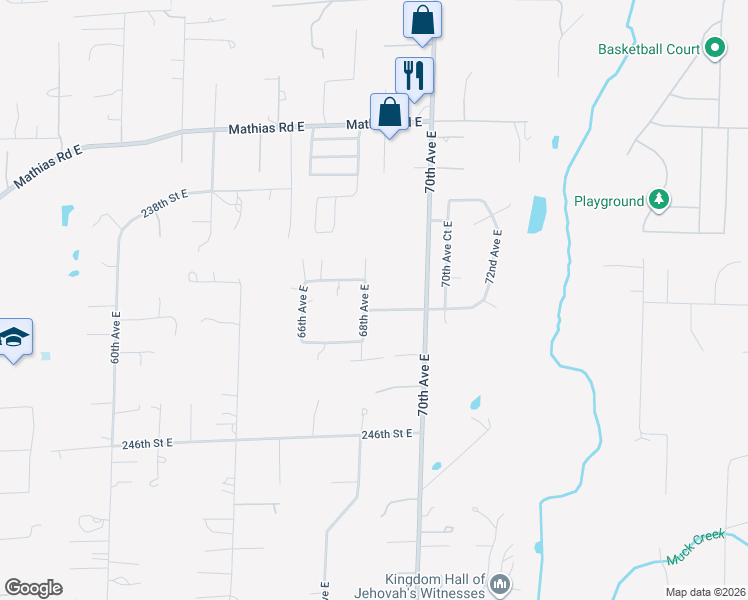 map of restaurants, bars, coffee shops, grocery stores, and more near 6810 242nd Street East in Graham