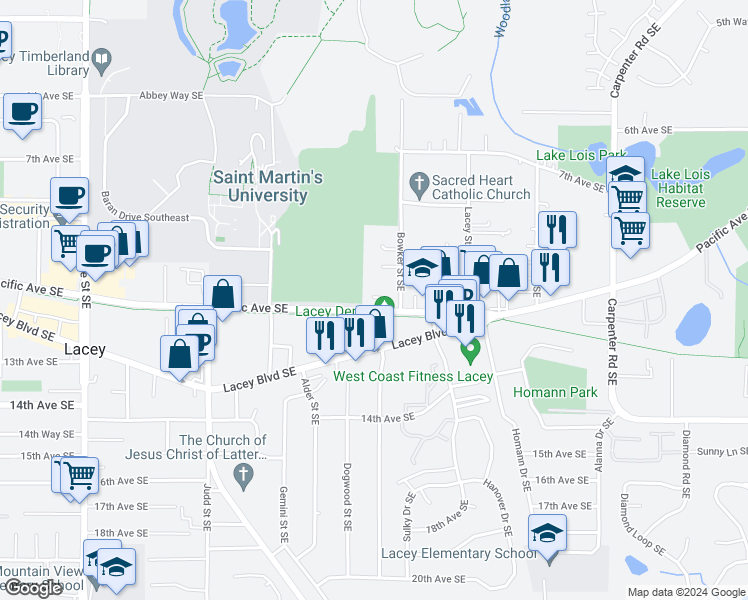 map of restaurants, bars, coffee shops, grocery stores, and more near 5500 Pacific Avenue Southeast in Lacey