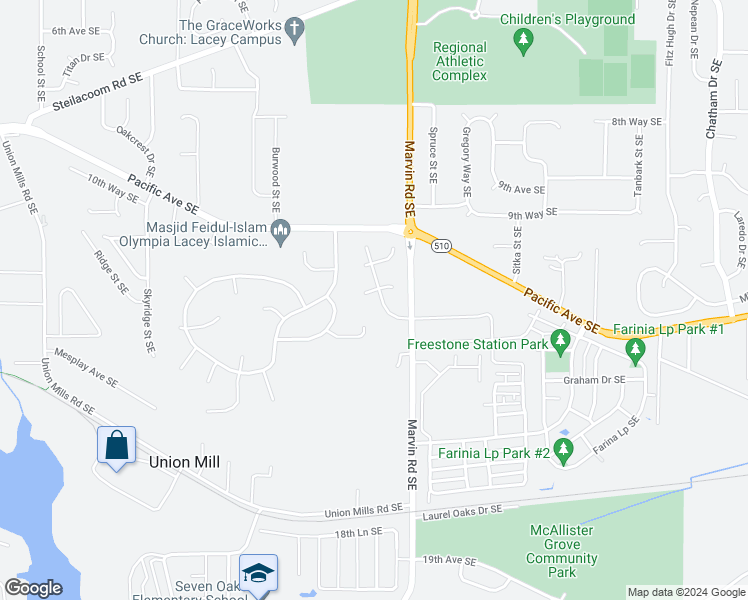 map of restaurants, bars, coffee shops, grocery stores, and more near 1301 Scarlet Oak Drive Southeast in Lacey