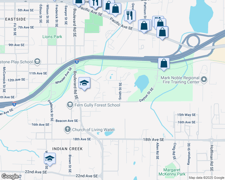 map of restaurants, bars, coffee shops, grocery stores, and more near 1241 Kiely Drive Southeast in Olympia