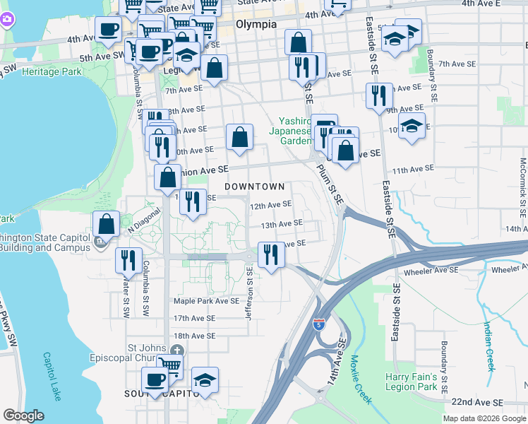 map of restaurants, bars, coffee shops, grocery stores, and more near 520 13th Avenue Southeast in Olympia