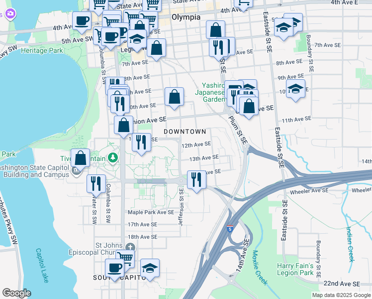 map of restaurants, bars, coffee shops, grocery stores, and more near 520 13th Avenue Southeast in Olympia