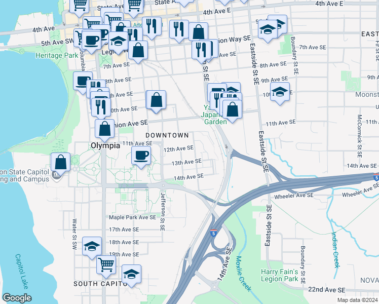 map of restaurants, bars, coffee shops, grocery stores, and more near 614 13th Avenue Southeast in Olympia