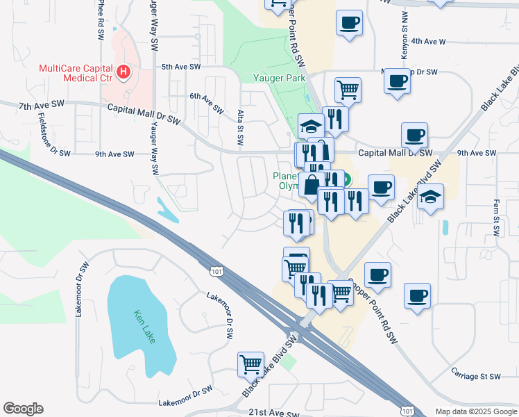 map of restaurants, bars, coffee shops, grocery stores, and more near 1111 Archwood Drive Southwest in Olympia