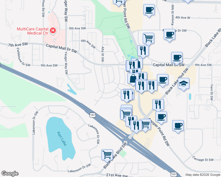 map of restaurants, bars, coffee shops, grocery stores, and more near 1111 Archwood Drive Southwest in Olympia