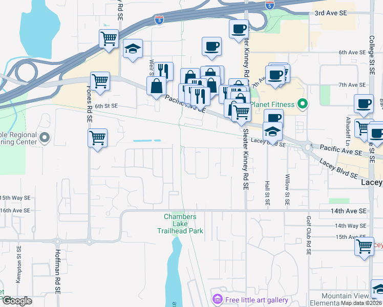 map of restaurants, bars, coffee shops, grocery stores, and more near 1213 Mary Lou Street Southeast in Olympia