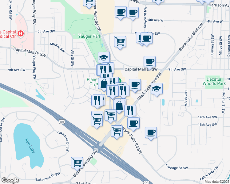 map of restaurants, bars, coffee shops, grocery stores, and more near 1200 Cooper Point Road Southwest in Olympia