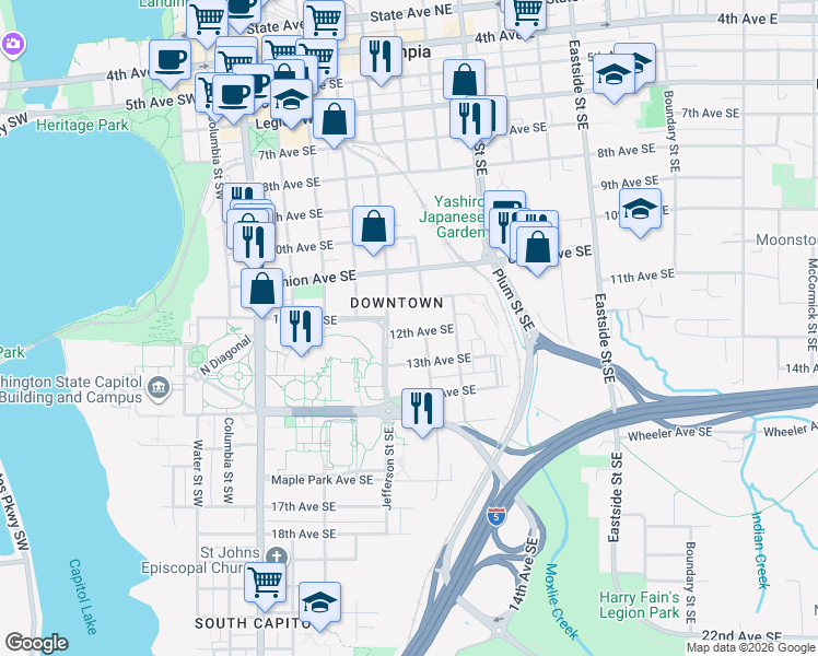 map of restaurants, bars, coffee shops, grocery stores, and more near 512 12th Avenue Southeast in Olympia