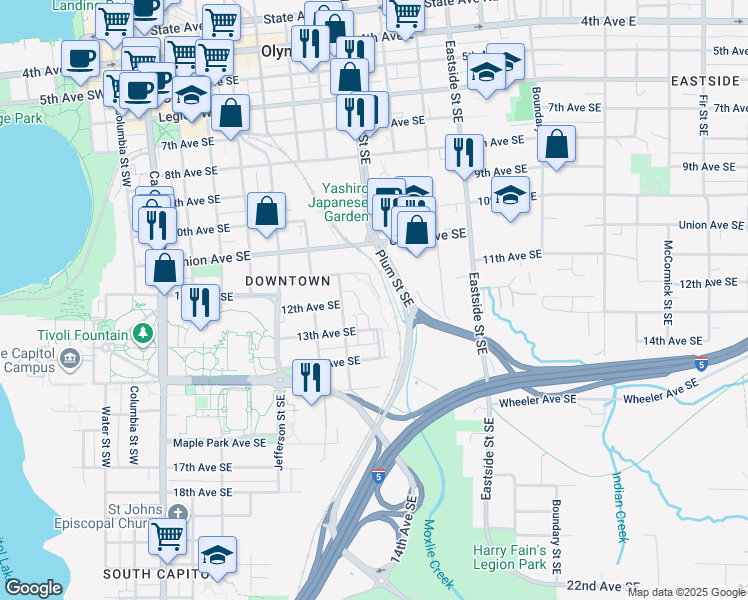 map of restaurants, bars, coffee shops, grocery stores, and more near 715-5 11th Avenue Southeast in Olympia