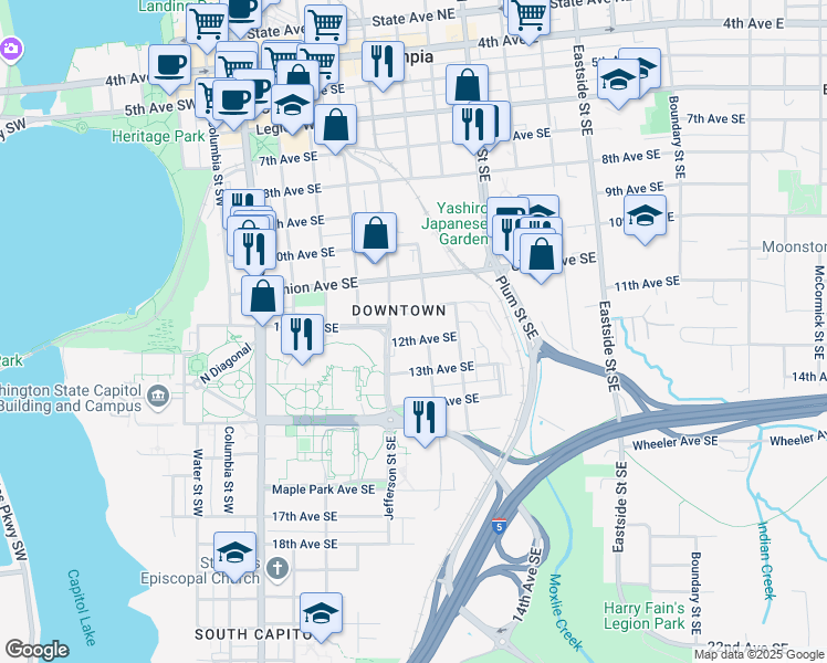 map of restaurants, bars, coffee shops, grocery stores, and more near in Olympia