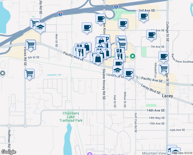 map of restaurants, bars, coffee shops, grocery stores, and more near 3939 12th Avenue Southeast in Lacey