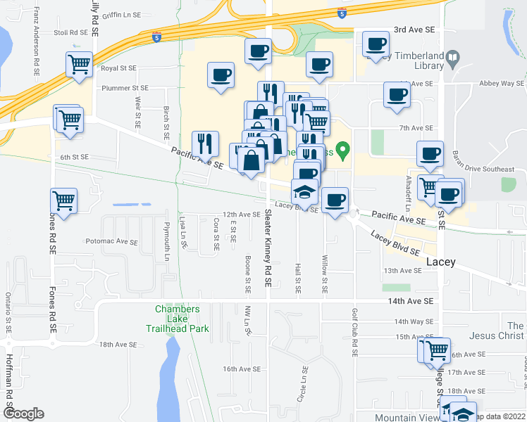 map of restaurants, bars, coffee shops, grocery stores, and more near 1113 Sleater Kinney Road Southeast in Lacey