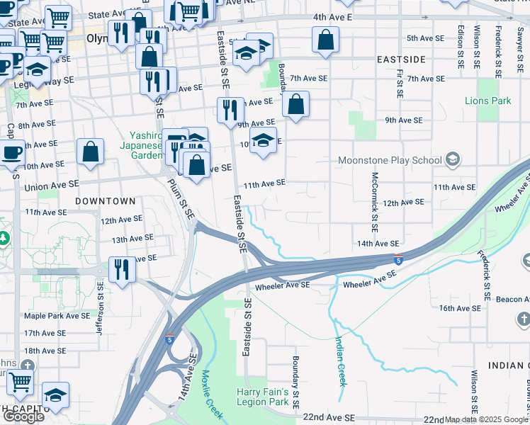 map of restaurants, bars, coffee shops, grocery stores, and more near 1206 12th Avenue Southeast in Olympia