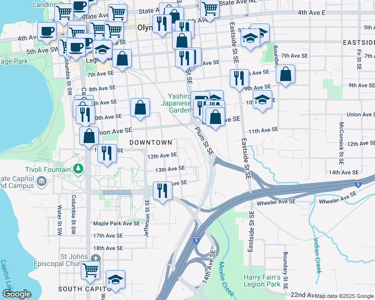 map of restaurants, bars, coffee shops, grocery stores, and more near 715-5 11th Avenue Southeast in Olympia