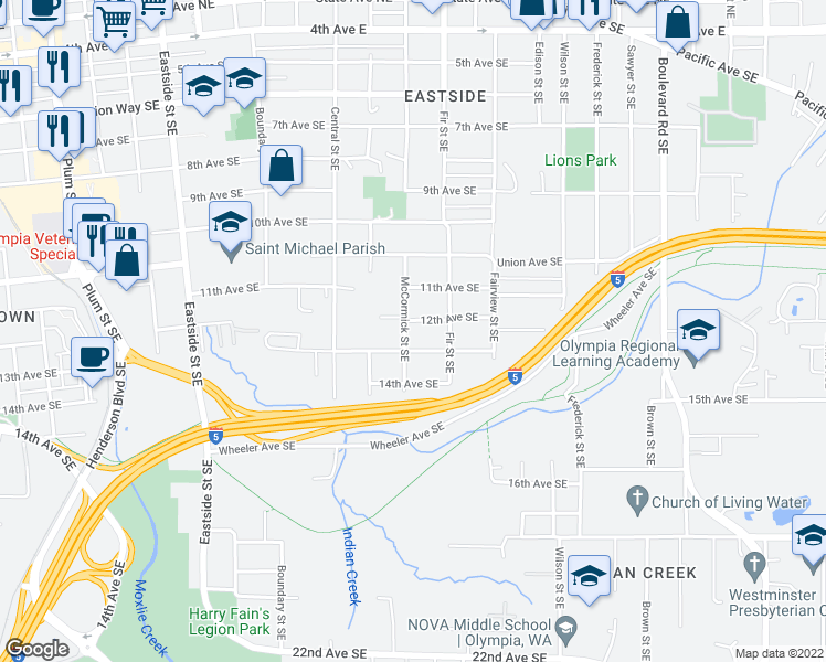 map of restaurants, bars, coffee shops, grocery stores, and more near 1120 McCormick Street Southeast in Olympia