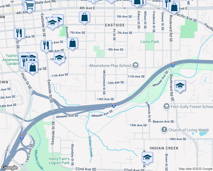 map of restaurants, bars, coffee shops, grocery stores, and more near 1120 McCormick Street Southeast in Olympia