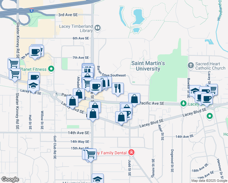map of restaurants, bars, coffee shops, grocery stores, and more near 905 Webb Street Southeast in Lacey