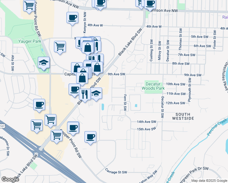 map of restaurants, bars, coffee shops, grocery stores, and more near 933 Fern Street Southwest in Olympia