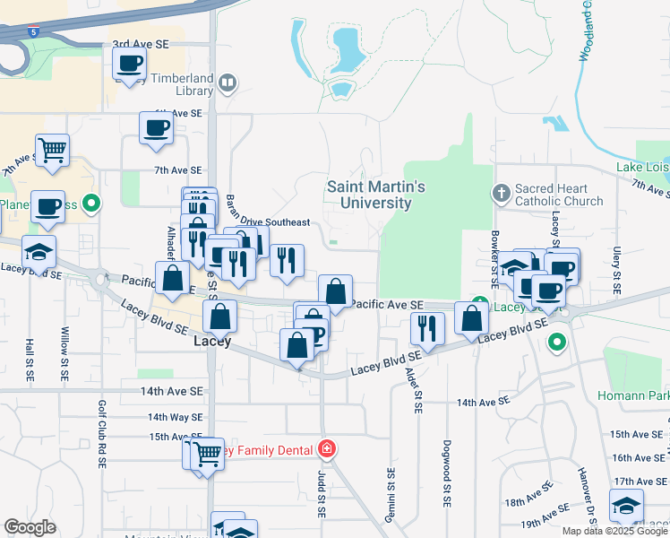 map of restaurants, bars, coffee shops, grocery stores, and more near 5300 Pacific Avenue Southeast in Lacey