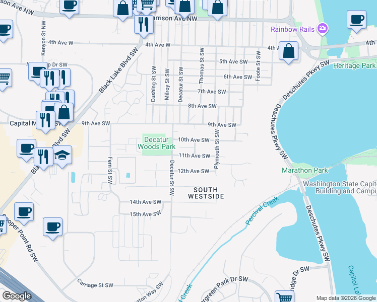 map of restaurants, bars, coffee shops, grocery stores, and more near 1609 10th Avenue Southwest in Olympia