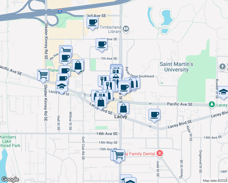 map of restaurants, bars, coffee shops, grocery stores, and more near 4528 Pacific Ave SE in Lacey