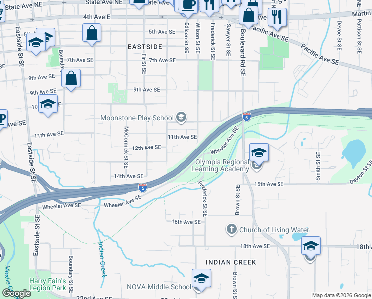 map of restaurants, bars, coffee shops, grocery stores, and more near 1958 12th Avenue Southeast in Olympia