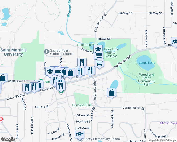 map of restaurants, bars, coffee shops, grocery stores, and more near 6110 Pacific Avenue Southeast in Lacey