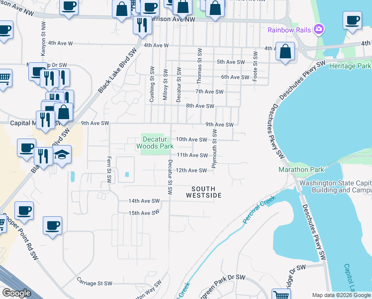 map of restaurants, bars, coffee shops, grocery stores, and more near 1609 10th Avenue Southwest in Olympia