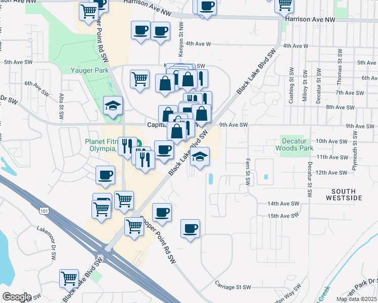 map of restaurants, bars, coffee shops, grocery stores, and more near Black Lake Boulevard Southwest in Olympia