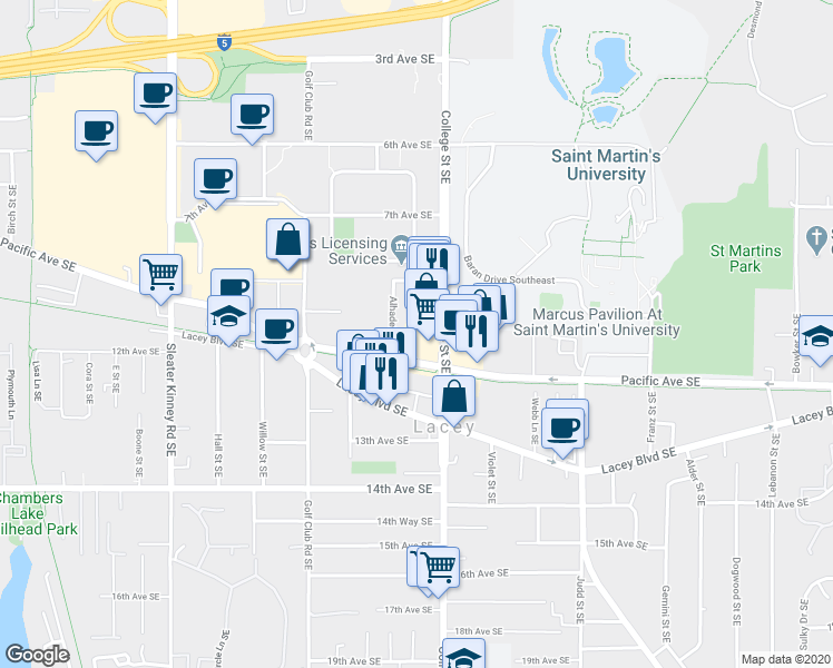 map of restaurants, bars, coffee shops, grocery stores, and more near 4528 Pacific Avenue Southeast in Lacey