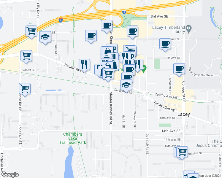map of restaurants, bars, coffee shops, grocery stores, and more near in Lacey