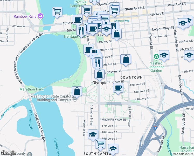 map of restaurants, bars, coffee shops, grocery stores, and more near 1063 Capitol Way South in Olympia