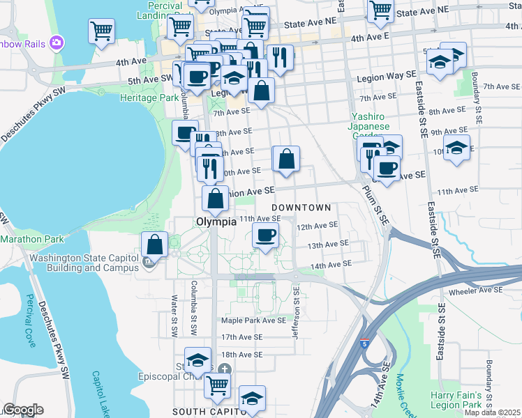 map of restaurants, bars, coffee shops, grocery stores, and more near 1076 Franklin Street Southeast in Olympia