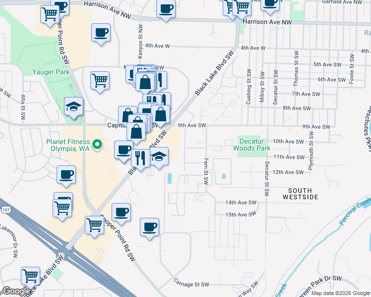 map of restaurants, bars, coffee shops, grocery stores, and more near 2323 9th Avenue Southwest in Olympia