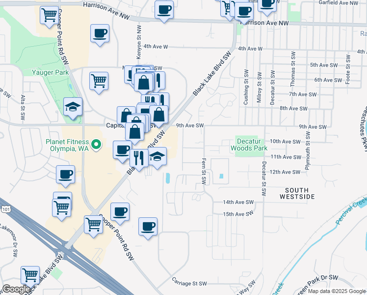 map of restaurants, bars, coffee shops, grocery stores, and more near 2323 9th Avenue Southwest in Olympia