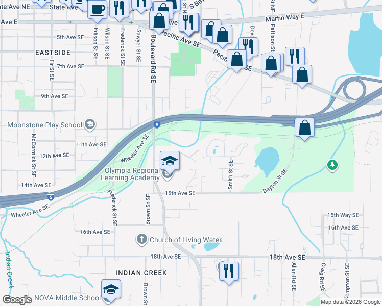 map of restaurants, bars, coffee shops, grocery stores, and more near 1107 Creekwood Court Southeast in Olympia