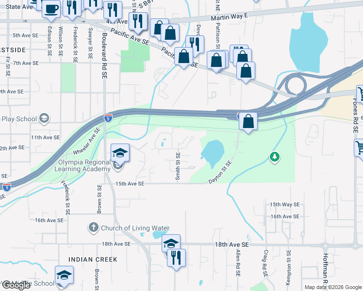 map of restaurants, bars, coffee shops, grocery stores, and more near 2710 10th Court Southeast in Olympia