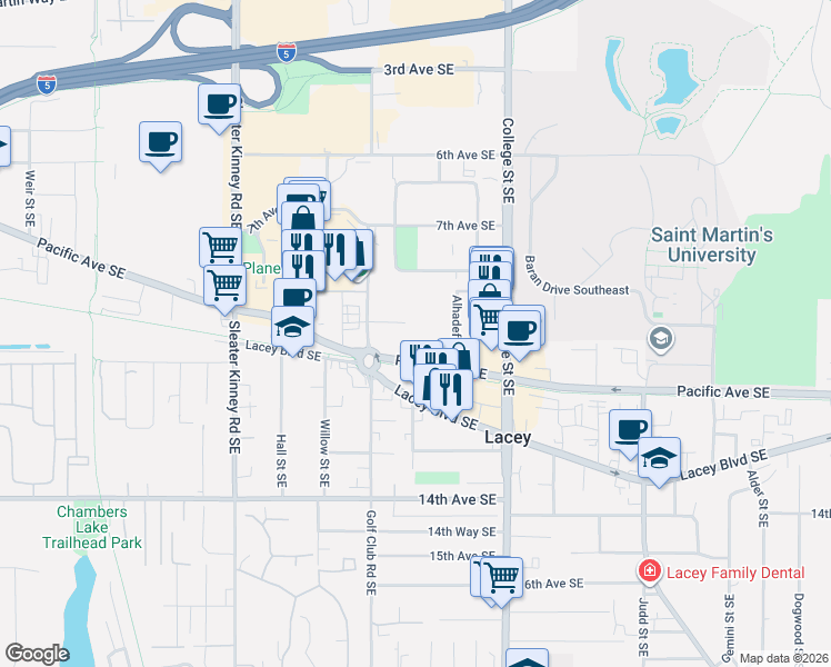 map of restaurants, bars, coffee shops, grocery stores, and more near 4438 Pacific Avenue Southeast in Lacey