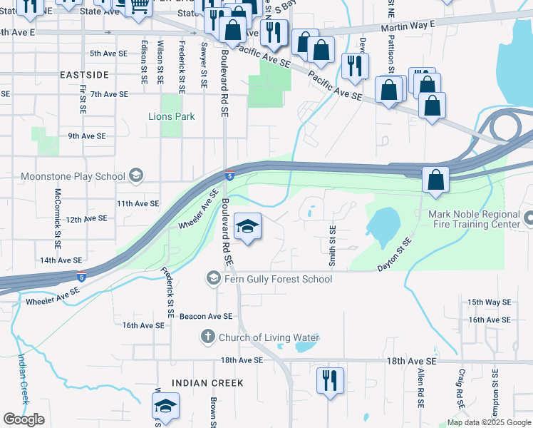 map of restaurants, bars, coffee shops, grocery stores, and more near 1107 Creekwood Court Southeast in Olympia