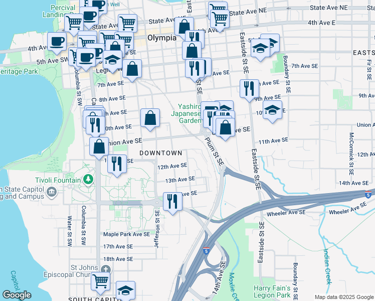 map of restaurants, bars, coffee shops, grocery stores, and more near 619 11th Avenue Southeast in Olympia
