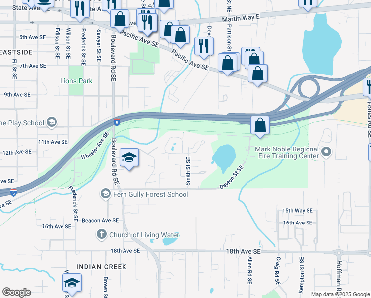 map of restaurants, bars, coffee shops, grocery stores, and more near 2523 10th Court Southeast in Olympia