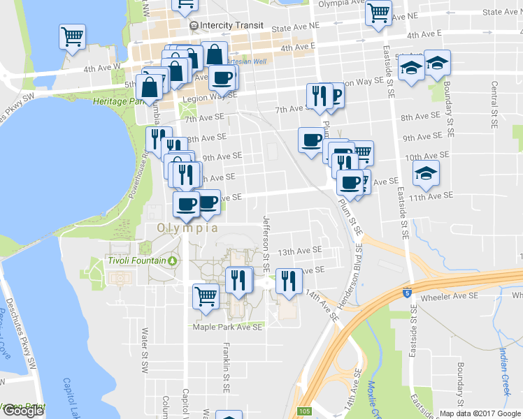 map of restaurants, bars, coffee shops, grocery stores, and more near 410 11th Avenue Southeast in Olympia